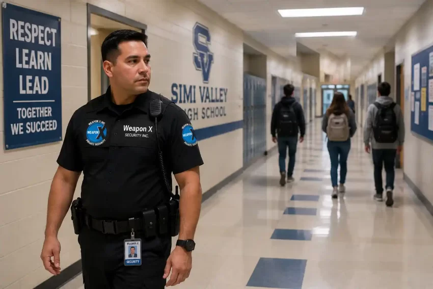 Campus security officer conducting routine school patrol - WeaponX Security