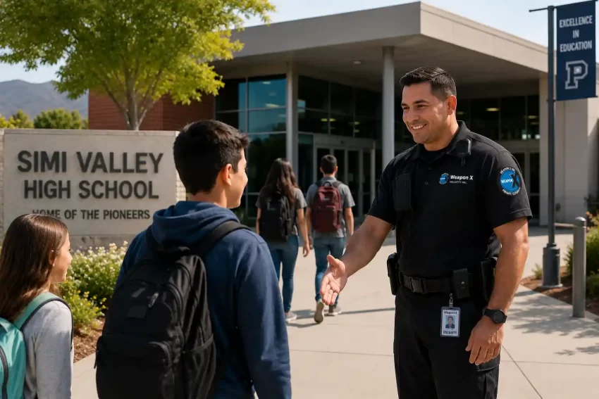Professional private security guard monitoring entrance at a Simi Valley school - WeaponX Security